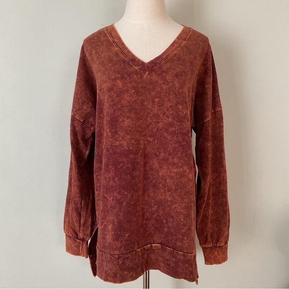 Zenana Outfitters Tops - Zenana | Persimmon Orange Rust Mineral Wash V-Neck Tee Women